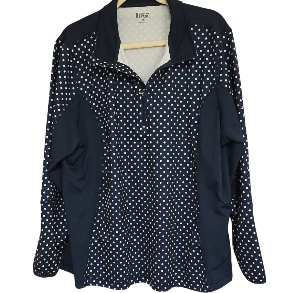 Lands' End Womens Sz 2X Navy Blue Polka Dot Quarter-Zip Back Pocket Stretch Top